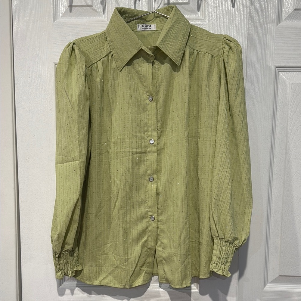 Green Puff Sleeve Notched Collar Button Down Shirt